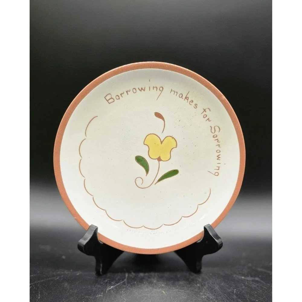 Vintage Redware Pottery Trinket Dish Plate Borrowing Leads To Sorrowing 7